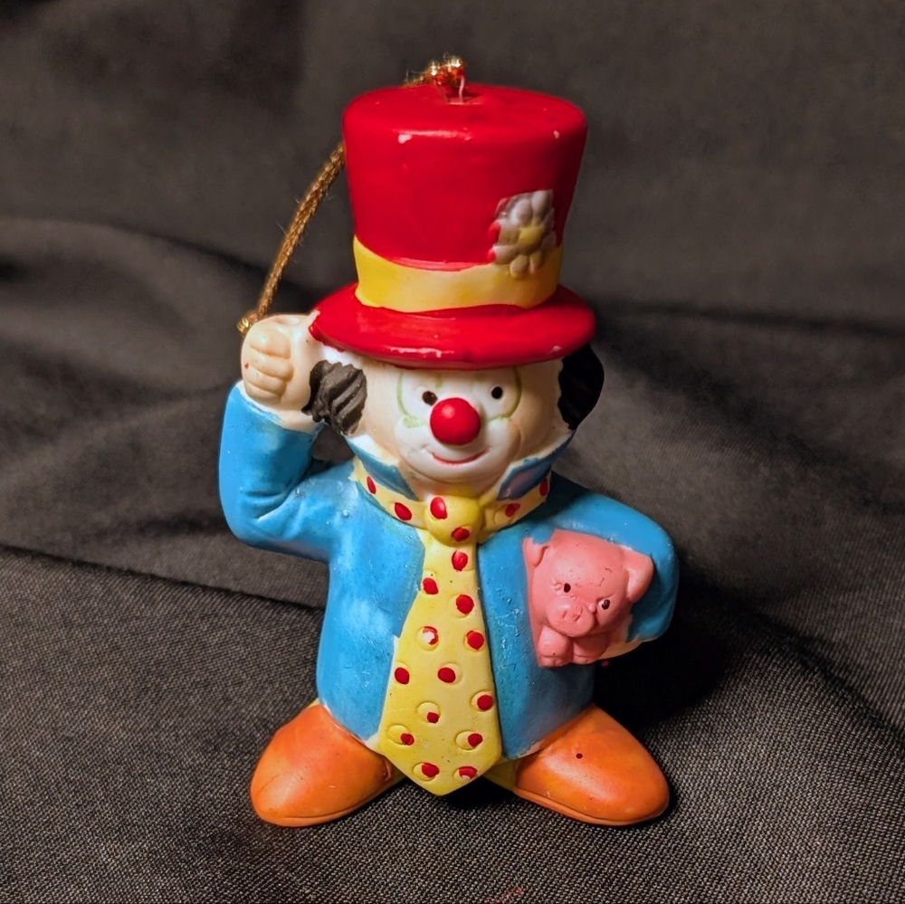 Vintage 1987 Seasonal Specialties Whimsical Circus Hobo Clown and Pig Ornament